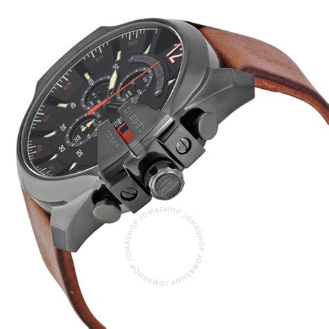 Diesel Mega Chief Black Dial Brown Leather Mens Quartz Watch Dz4343