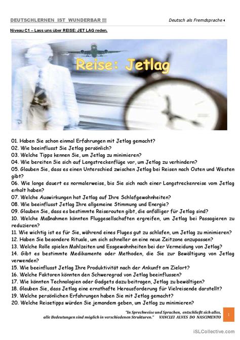 C1 Lass uns über REISE UND JETLAG Deutsch DAF Arbeitsblätter pdf doc