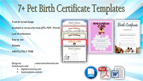 Pet Birth Certificate Templates Fillable 7 Best Designs Free Within