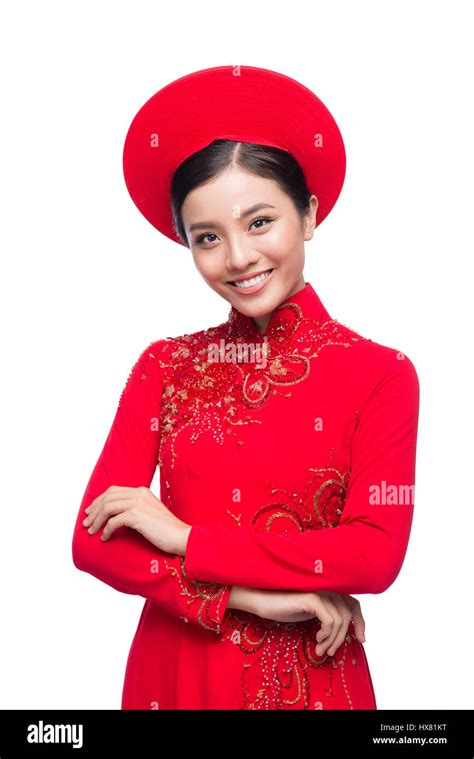 Charming Vietnamese Bride In Red Ao Dai Traditional Dress With Hat