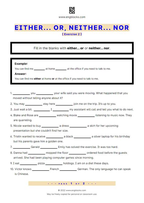 Either Or Neither Nor Exercise Esl Worksheets