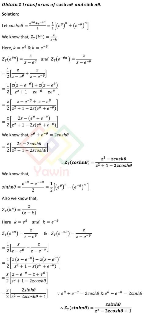 Obtain Z Transforms Of Cosh N Theta And Sinh N Theta Yawin