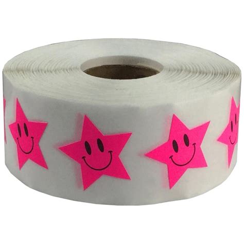 Fluorescent Pink Smiley Star Stickers 1" Inch | InstockLabels.com