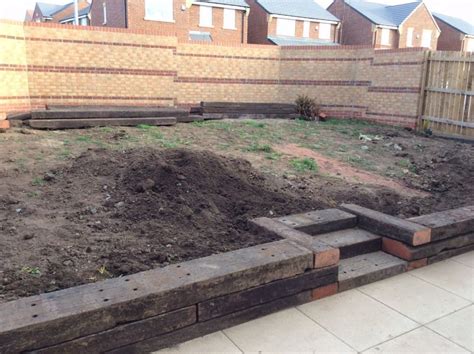 Railway Sleeper Steps Beds And Patio Sloped Garden Small Garden Landscape Back Garden Design