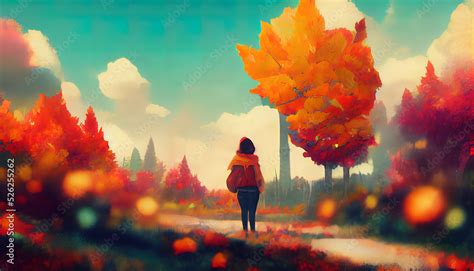 Girl in a forest during fall season. Anime, manga, cartoon digital ...