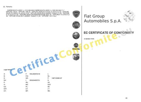 Certificat de conformité FIAT COC France