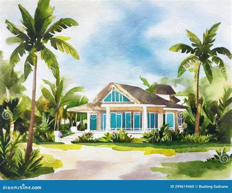 Watercolor of Luxury Beach House Stock Illustration - Illustration of ...