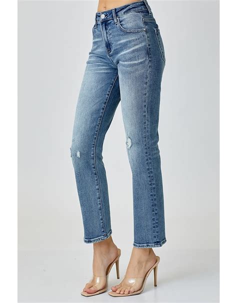 Risen Mid Rise Slim Straight Jeans Rhinestone Angel