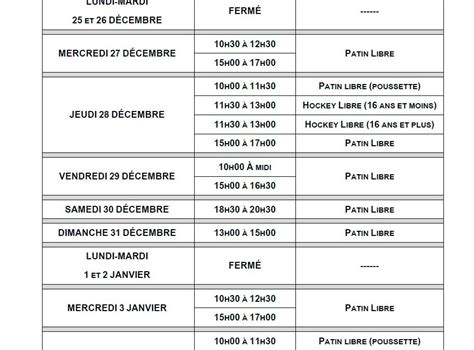 Horaire du patin libre Temps des Fêtes 2017 2018 Aréna Rivière du Nord