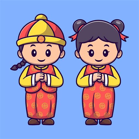 Cute chinese girl and boy in traditional dress country cartoon vector ...