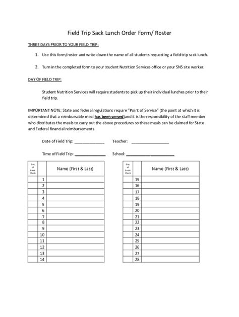 Fillable Online Field Trip Sack Lunch Order Form Roster Slvusdcafe