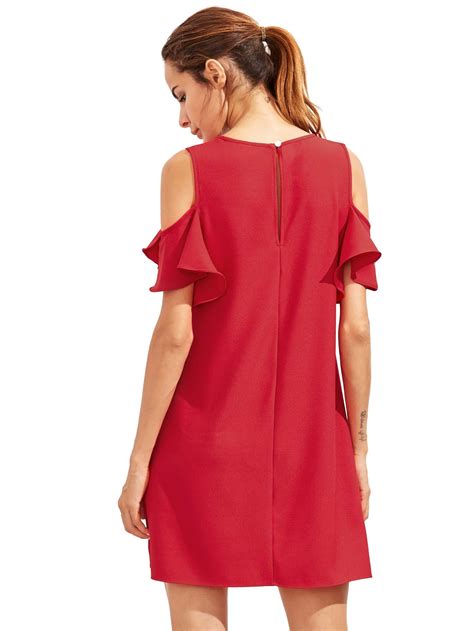 Burgundy Cold Shoulder Ruffle Sleeves Shift Dress Shein Sheinside