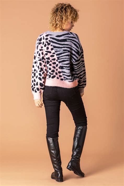 Animal Print Two Tone Jumper In Pink Roman Originals Uk