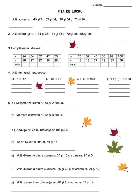 Adunări și scăderi cu numere de la 0 la 100 Exerciții și probleme