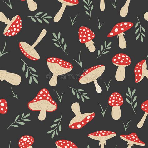 Vector Seamless Pattern With Hand Drawn Cartoon Fly Agaric Mushrooms Amanita Muscaria Fly