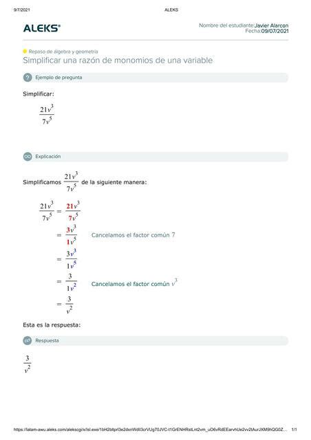 Simplificar Una Razón De Monomios De Una Variable Alarcon Bermudez Javier Udocz