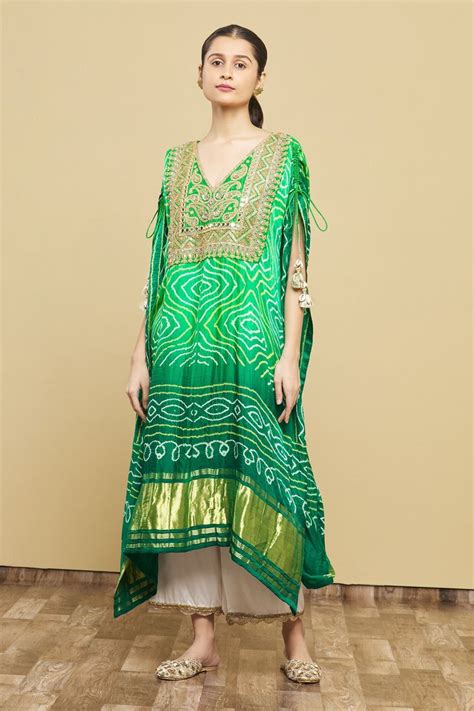 Buy Green Kaftan Silk Bandhani Pant Cotton Satin Printed V Neck And Set