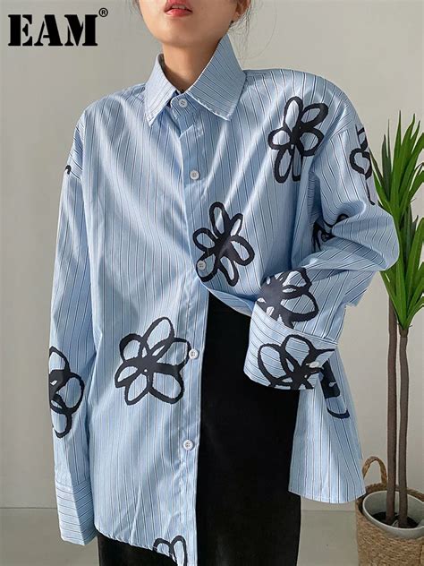 Eam Women Blue Striped Flower Big Size Blouse New Lapel Long Sleeve