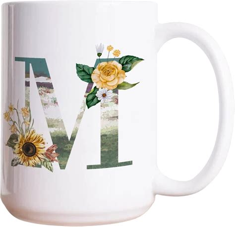 Monogram Letter M Coffee Mugs Green Letter Sunflower Peony