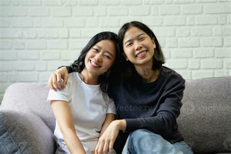 Lgbt Lesbian Couple Happy Beautiful Asian Lesbian Couple Embracing And