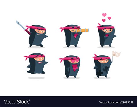 Flat set of funny ninja in different Royalty Free Vector