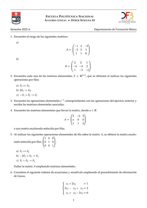 Algebra Tarea 3 Ejercicios ESCUELA POLITÉCNICA NACIONAL ÁLGEBRA