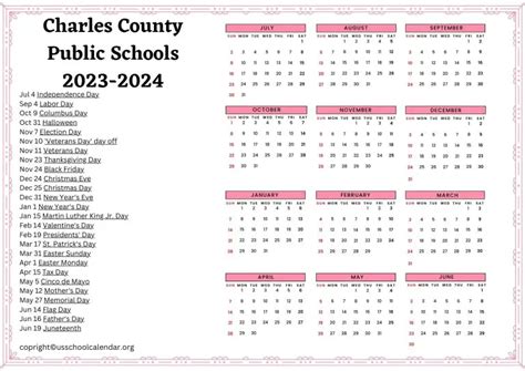 Charles County Public Schools Calendar with Holidays 2023-2024