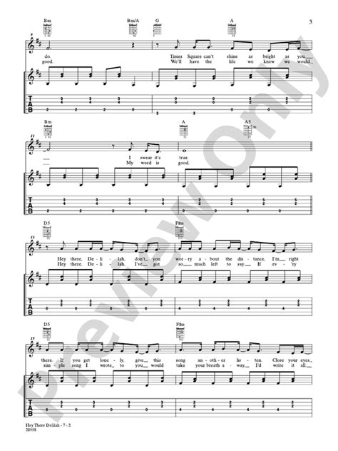 Hey There Delilah Guitar Plain White Ts Digital Sheet Music Download