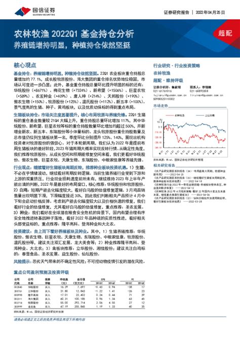 农林牧渔行业2022q1基金持仓分析：养殖链增持明显，种植持仓依然坚挺