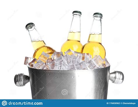 Metal Bucket With Bottles Of Beer And Ice Cubes Isolated Stock Photo