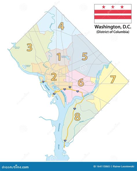 Map Of The Eight Districts Of Washington DC With Flag Cartoon Vector