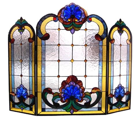 Tiffany Style Stained Glass Victorian 3 Piece Folding Fireplace Screen 40x31 Glass Fireplace