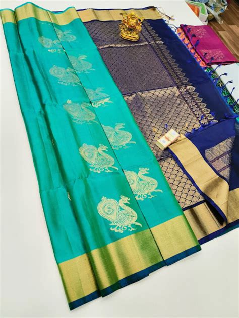 Peacock Design Pure Soft Silk Saree Teal Green Color W Blouse