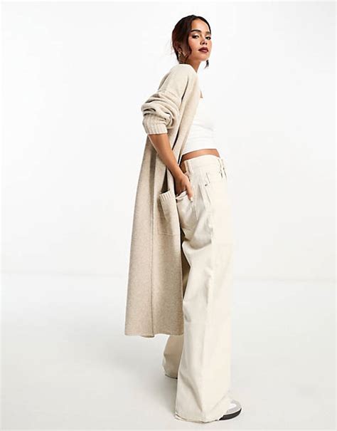 Asos Design Maxi Cardigan With Pockets In Oatmeal Asos