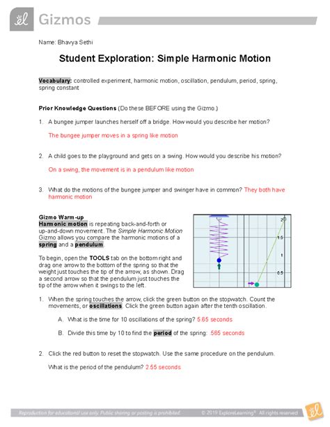 Simple Harmonic Motion SE Gizmo Name Bhavya Sethi Student