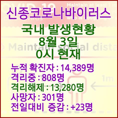 코로나19코로나바이러스 8월 3일 0시 국내해외포함 발병 14389명 13280명 완치 격리해제 사망자 301