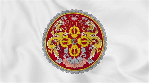 national emblem coat of arms or symbol Kingdom of Bhutan in waving flag ...