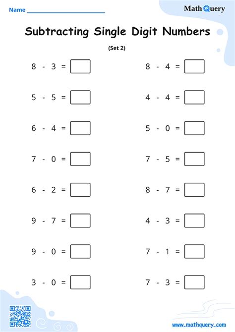 Single Digit Subtraction Worksheets