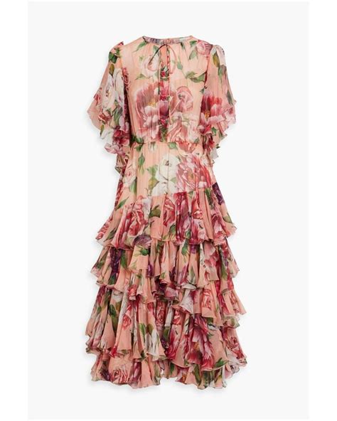 Dolce And Gabbana Ruffled Floral Print Silk Blend Chiffon Midi Dress In