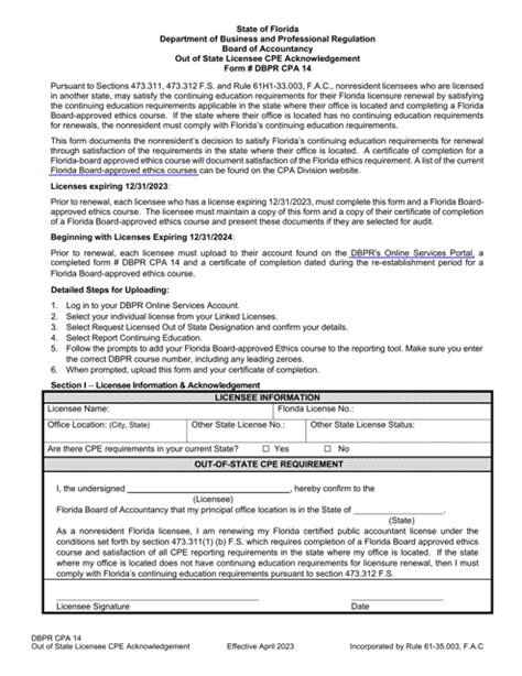 Form Dbpr Cpa14 Download Fillable Pdf Or Fill Online Out Of State Licensee Cpe Acknowledgement