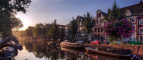 Canal, reflection, waterway, amsterdam, netherlands, europe 2K wallpaper download