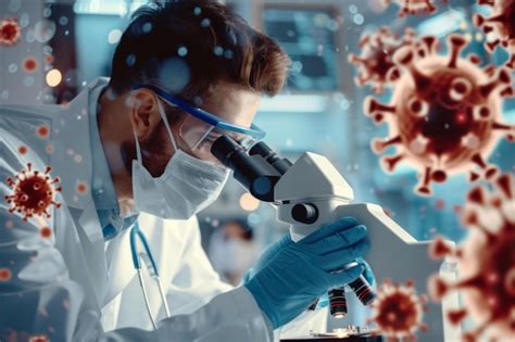 Um Cientista Em Seus Estudos - Um cientista está olhando através de um microscópio em um laboratório ...