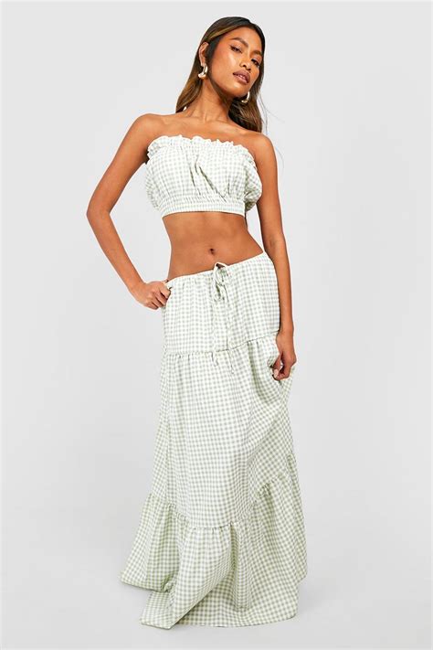 Seersucker Gingham Ruffle Bandeau And Maxi Skirt Boohoo Usa