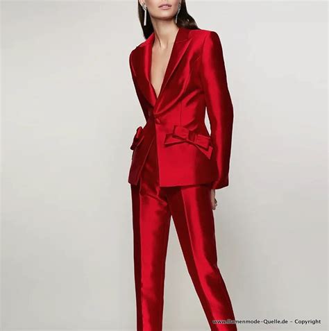 Damen Outfits Zweiteiler Glitzer Satin Hosenanzug In Rot Elegant