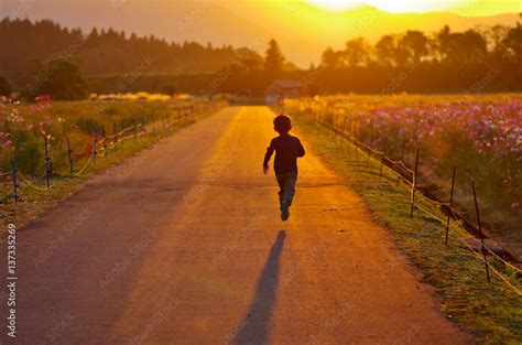 夕日に向かって走る子ども Foto De Stock Adobe Stock