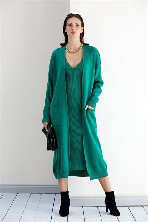 Earthy Green Knit Bodycon Duo Set With Longline Cardigan Sale From