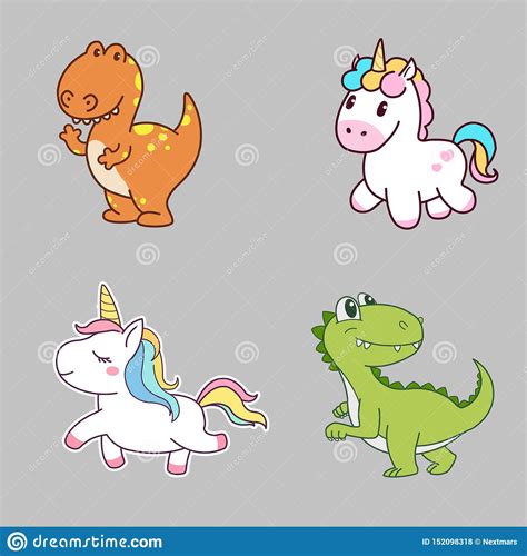 Cute Character Design Of Dinosaur And Unicorn Concept Art Royalty Free