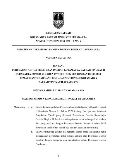 Lembaran Daerah Kotamadya Daerah Tingkat Ii Surakarta Nomor Tahun