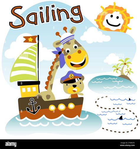 Cute Giraffe And Bear In Sailor Cap On Sailboat Sailing Elements