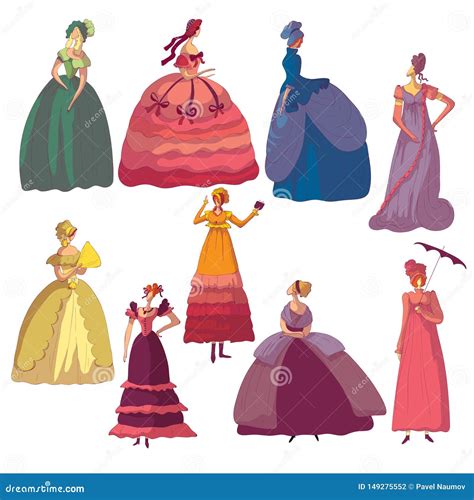 Reeks Beelden Van Vrouwen In Ouderwetse Kleding Vector Illustratie Op